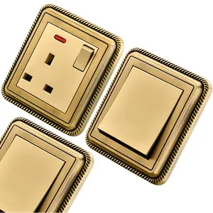 Enchufe de pared con interruptor, Panel de dibujo de cable de cobre, estándar del Reino Unido, 16A, enchufe de 250V, diseño de ribete dorado