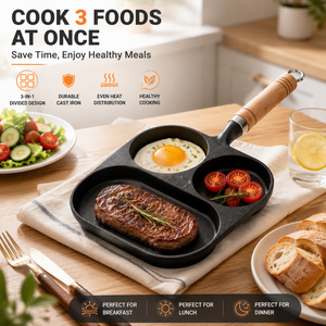 Poêle à frire en fonte à 3 compartiments pour petit-déjeuner, œufs et steaks, pré-culottée, avec manche en bois, ustensile de cuisson, vente en gros OEM - Product Image 4
