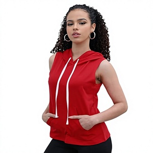Camiseta sin Mangas con Capucha Roja para Mujer, con Bolsillos, Antiarrugas, Transpirable, Tejida, de Color Sólido, Estilo Casual, Ropa de Calle, para Verano - Product Image 1