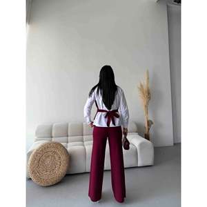 Conjunto de suéter de punto Edge para mujer, talla S, color granate, chaleco con cuello en V y pantalones. - Product Image 2