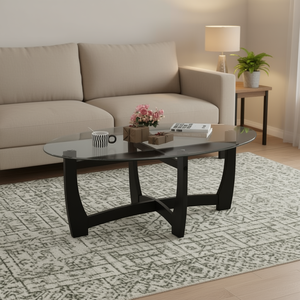 Oval Coffee <b>Table</b> Black Tempered Glass Top Rubber Wood <b>Legs</b> Modern Living Room Furniture - Product Image 2