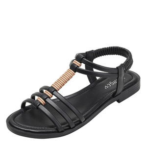 Black Genuine Leather Flat Sandals Open Toe <b>T</b>-Strap Buckle Closure Summer Women's Shoes Elegant Breathable Design - Product Image 6