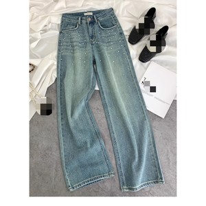 Jean taille haute droit délavé bleu coupe large pour femme – Tendance - Product Image 3