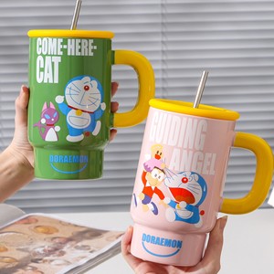 Doraemon Ceramic Ice <b>Cup</b> Extra Large Capacity With Straw <b>Insulated</b> For Women Gift Cartoon Design Pink Green Yellow - Product Image 1
