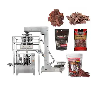 ماكينة تعبئة أكياس الوجبات الخفيفة المُسطحة آلية ذات قفل سحاب، ماكينة تعبئة اللحوم المجففة والوجبات الخفيفة ووزن اللحم المقدد