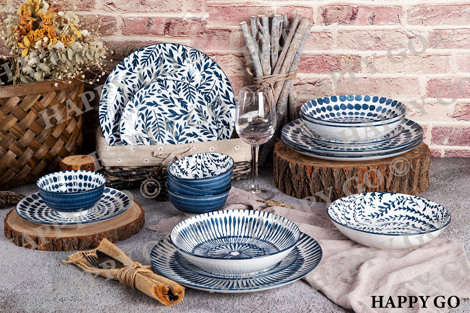 热卖高端蓝色图案叶子支持定制印刷陶瓷现代瓷质豪华餐具 - buy ceram