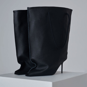 Women Pointed Toe Mid Calf Bag <b>Booties</b> Super Big Top Half Knee High Boots Wide Fit High Slim Heels Loose Shoes - Product Image 4
