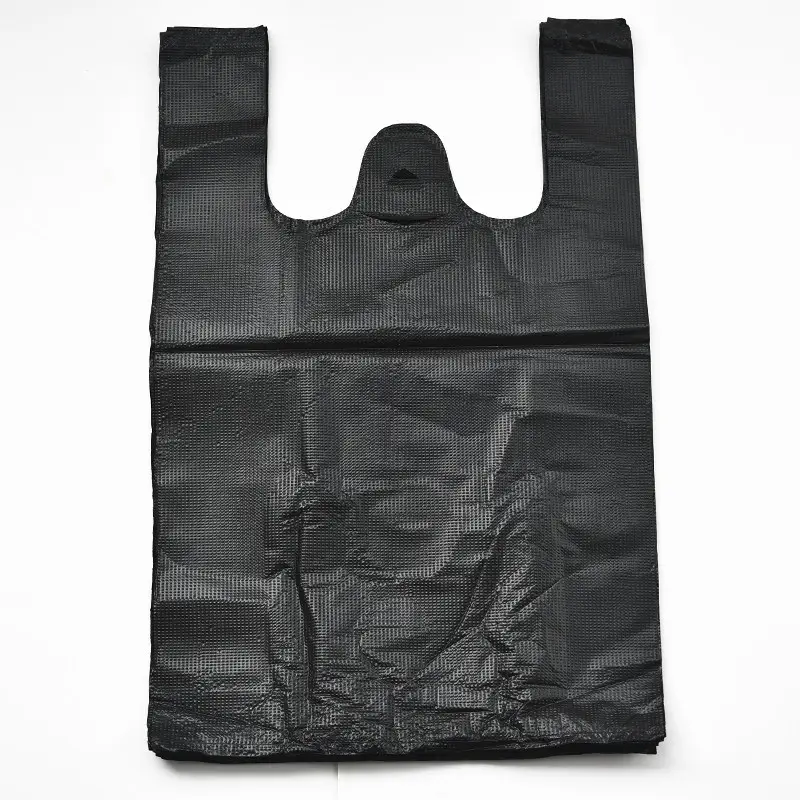Colete de plástico ecológico biodegradável, saco de camiseta preto de plástico com bolsa de rolo
