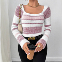 Suéter Casual de Estilo Europeo Americano para Mujer, Otoño Invierno, Tejido Suave, Cuello Cuadrado, Diseño a Rayas, Colores Contrastantes