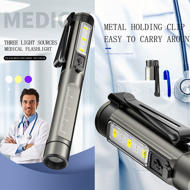 High Quality 3 Light Source Mini Pen Light Built-in Battery Type-c Multifunction Medical Pen Flashlight Scale Outdoor Flashlight