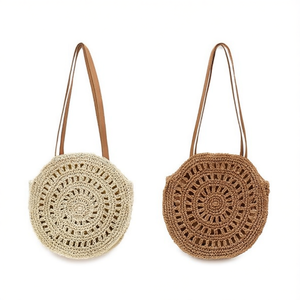 Borsa a tracolla grande rotonda in carta intrecciata traforata 33CM beige e marrone da donna per l'estate e la spiaggia - Product Image 1