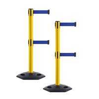 Barrière de file d'attente rétractable en métal avec bande double et base en caoutchouc