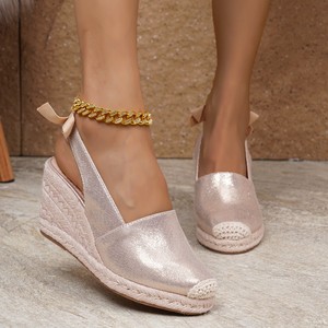 Sandalias de cuña para mujer con purpurina, punta abierta, suela de paja, sin cordones, con aumento de altura, decoración de lazo, para verano - Product Image 1