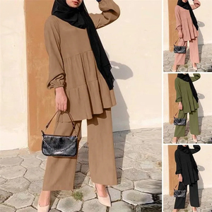 Vêtements islamiques personnalisés ensemble 2 pièces pour femmes musulmanes avec chemisier et <span class=keywords><strong>pantalon</strong></span> de couleur unie - Product Image 2