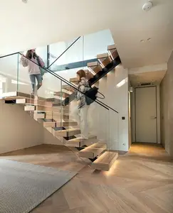 Escada de madeira maciça padrão Austrália Escada de vidro em forma de U Escada para casa reta