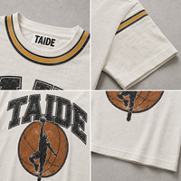 Produsen Pakaian TaiDe Custom Design 260GSM Ringer Tee Varsity dengan Kerah Rib Kontras, Lengan Bergaris, Cetak Grafis, Model Boxy, OEM ODM
