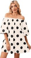 Robe courte estivale à épaules dénudées à pois, manches bouffantes, ample et fluide, robe de poupée mignonne, robe courte décontractée et ample