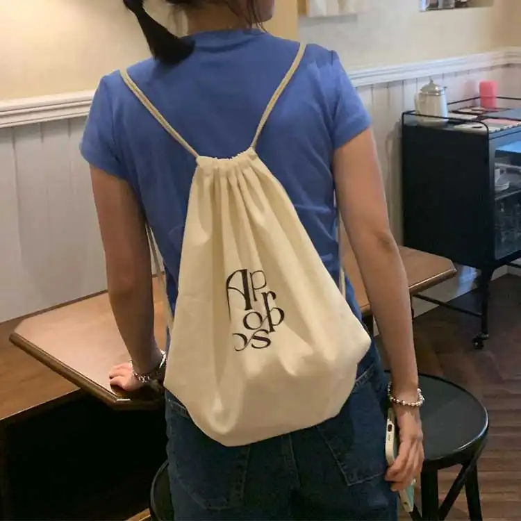 Logo ile özel spor düz pamuk kanvas ipli çanta seyahat mini okul çantaları sırt çantası promosyon ürünleri