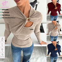Haut à manches longues ajusté Loveda pour femme, nouveau style automne, en tissu brossé côtelé avec boucle métallique décorative, prix de gros