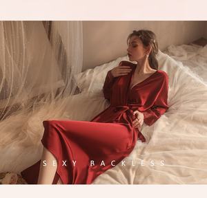 Pijama de satén elegante para mujer de alta calidad para otoño e invierno, bata larga Sexy con cordones, ropa de dormir informal cómoda para el hogar - Product Image 5