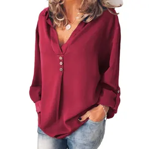 New Fashion Women Spring Autumn Chiffon Long Sleeve V-neck Girls Solid Button Plus Size Loose Tops T-shirt Blouse