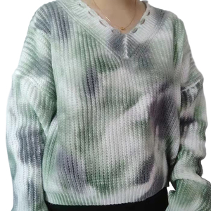 CY Mujer Tie-dyed Spray Dyeing Knit Pullover Cable Combinación <span class=keywords><strong>Cuello</strong></span> redondo Diseño <span class=keywords><strong>de</strong></span> corte <span class=keywords><strong>de</strong></span> gran tamaño Collar Cuff Sweater - Product Image 6