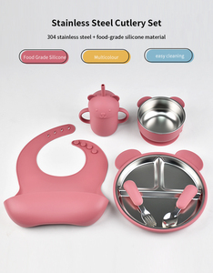 Ensemble d'alimentation pour bébé personnalisé de qualité supérieure avec motif d'ours, en acier inoxydable 304, silicone de qualité alimentaire, résistant à la chaleur, kit de repas pour enfants - Product Image 5