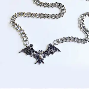 Goth Gothic Cuban Link Chain Wings Bat Pendant Choker Necklace Grunge Rock Silver Metal Halloween Jewelry Men Women