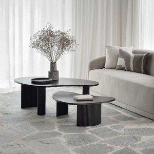 Modern Dark Wood <b>Nesting</b> Coffee <b>Table</b> Set of 2 Irregular Organic Shape Fluted Base Living Room Center <b>Tables</b> - Product Image 3