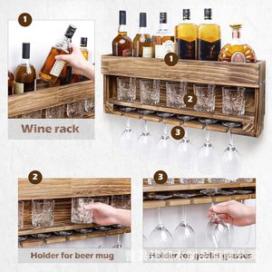 Estante de vino de madera para montar en la pared con almacenamiento para botellas y vasos, para bar en casa, cocina, decoración, estilo rústico - Product Image 2