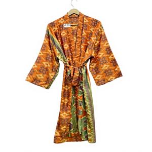 ชุดคลุมยาวแบบคิโมโนผ้าไหมอินเดีย คอวี ปิดด้วยเชือกผูก เหมาะสำหรับผู้หญิง ชุดนอน ชุดเพื่อนเจ้าสาว ชุดคลุมสำหรับคนท้อง สไตล์โบฮีเมียน ชุดคลุมอาบน้ำ - Product Image 1