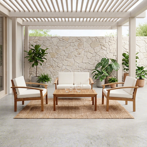 Contemporary Outdoor <b>Wood</b> <b>Sofa</b> Set with White Cushions for Garden Patio Furniture - Product Image 1