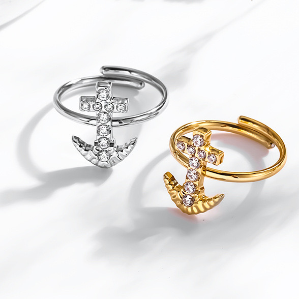 Exquisite Vintage Titanium Steel Full Diamond Fashion Ring Stainless Steel Plated 18K Gold Inset Zircon Boat Anchor for Banquet