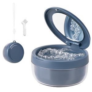 Boîte de rangement orthodontique portable 2-en-1 pour prothèses dentaires et gouttières, avec miroir et filtre, pour bain de trempage, design mignon, pour voyage - Product Image 1