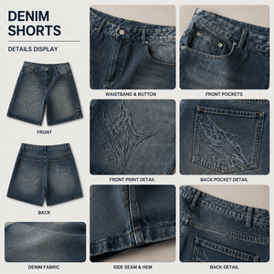 Shorts en jean en coton lavé, amples et larges, pour commandes en gros, style sport Y2K Hip Hop Streetwear pour hommes, avec broderie personnalisée - Product Image 3