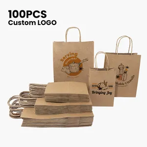 Bolsas de papel de embalaje de alimentos, asas con logotipo personalizado, recicladas, color marrón y blanco