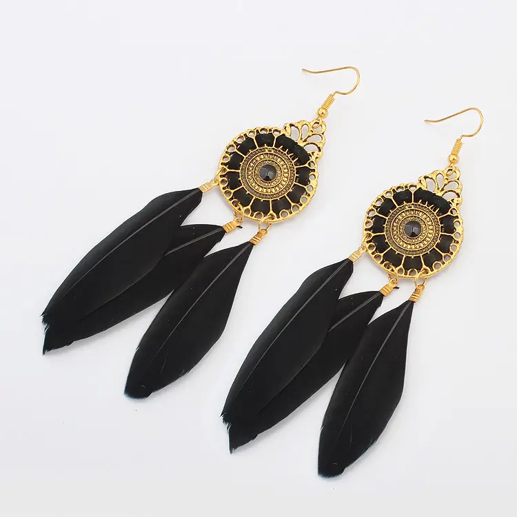 Ethnic Vintage Boho Long Feather Earrings Retro Bohemian Dangle Earrings