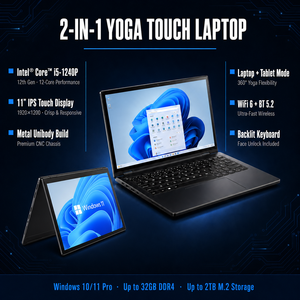 แล็ปท็อปหมุนได้ 360 องศา TX11 ขนาด 11 นิ้ว จอสัมผัส Yoga ความละเอียด 1920x1200 IPS Intel Core I5-1240P 12 คอร์ 16 เธรด DDR4 32GB <span class=keywords><strong>Windows</strong></span> 11 <span class=keywords><strong>Pro</strong></span> - Product Image 1