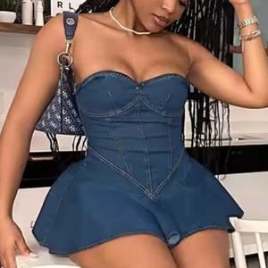 Robes en jean pour femmes à bas prix, nouvelle arrivée, décolleté sexy, sans bretelles, mini robe moulante en jean pour l'été - Product Image 1