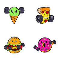 En gros, badges en émail souple amusants sur le thème de la remise en forme et des aliments, motifs de dessins animés mignons (crème glacée, pizza, burger, beignet) et haltères, badges de revers, broches, badges