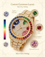 Montre personnalisée en or 18 carats, luxe léger |   Montre de luxe personnalisée OEM avec pierres précieuses en moissanite couleur diamant
