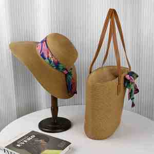 Bolsa de Playa de Papel Flexible Unisex al por Mayor con Sombrero de Flores y Lazo, Conjunto de Bolsa y Sombrero para Viajes de Verano - Product Image 3