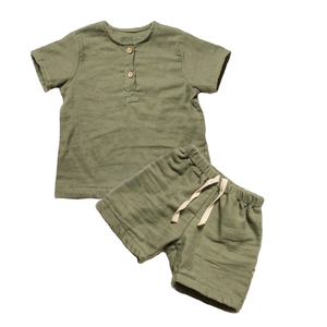 Vente chaude enfant en bas âge enfants coquille bouton haut avec <span class=keywords><strong>short</strong></span> de survêtement 2024 bébé garçons été coton <span class=keywords><strong>lin</strong></span> ensemble court - Product Image 1