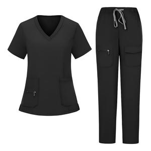 Women <b>Scrub</b> <b>Tops</b> Solid Color V Neck Short Sleeve Polyester Hospital Uniforms for Medical Workwear with Front Zip and Pockets - Product Image 2