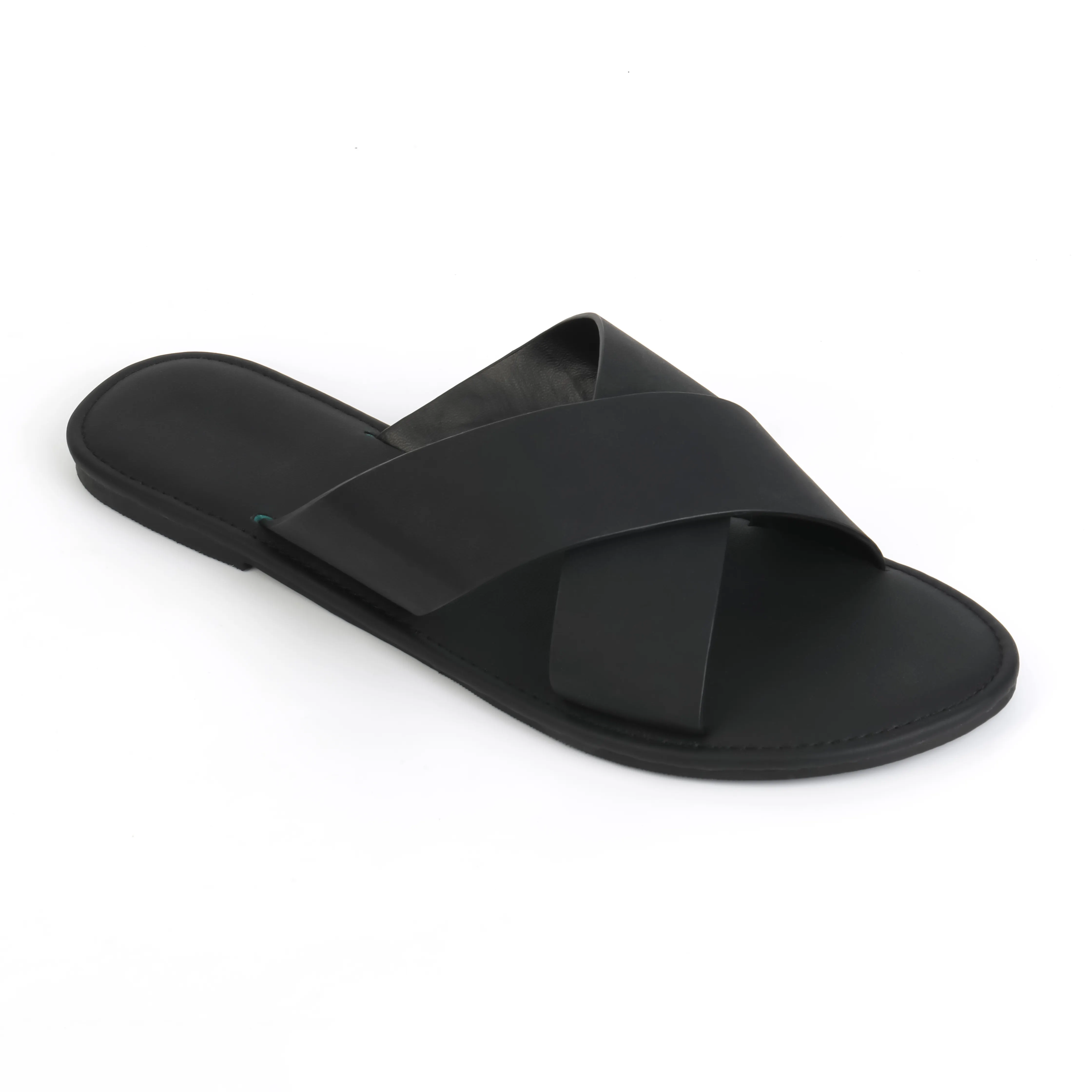 कस्टम लोगो आकस्मिक पार पट्टा खुले पैर की अंगुली काले रंग फ्लैट पु चमड़े के सैंडल चप्पल पुरुषों और महिलाओं के लिए निर्माता थोक