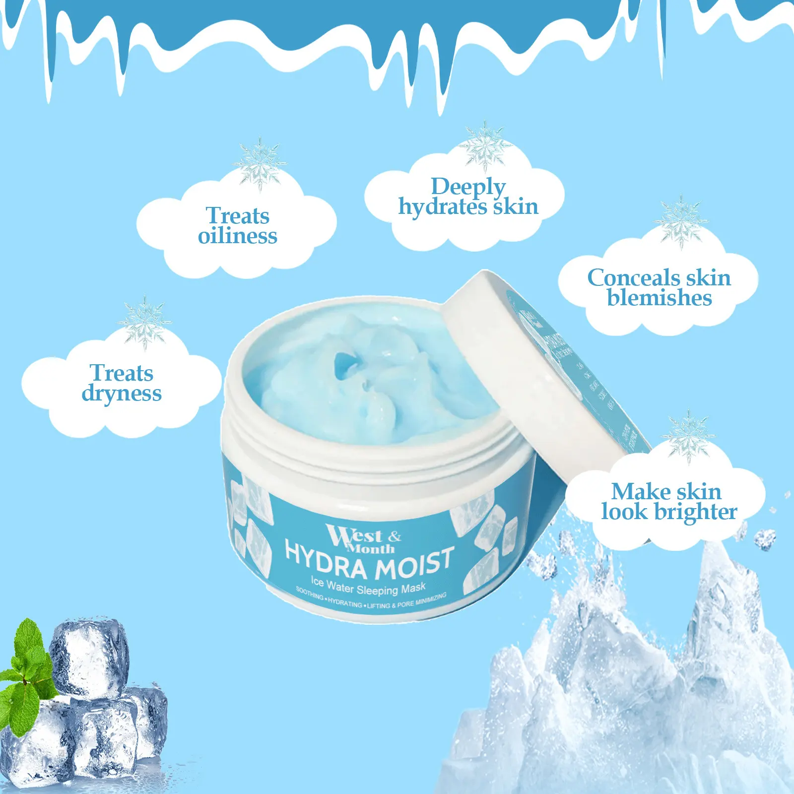 Herbicos Private Label Moist Hydrate Ice Water Sleeping Mud Mask Skin Care Dead Sea Sleep Facial Mask