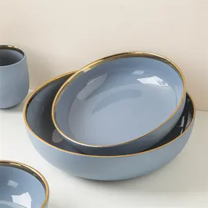 İskandinav tarzı mavi sır yuvarlak büyük seramik porselen servis salata makarna çorba kasesi altın jant ile