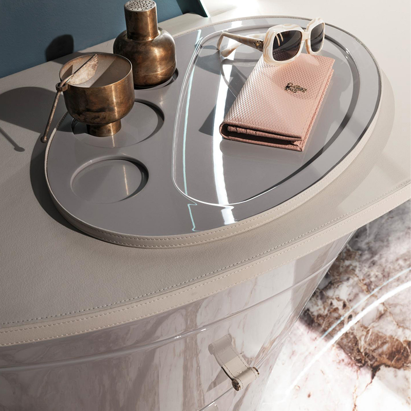 Modern Special Dressing Table Set Grey Leather Big LED Round Mirror
