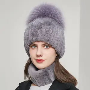 High quality Customize winter knit warm real rex rabbit fur women scarf and beanie hat for ladies