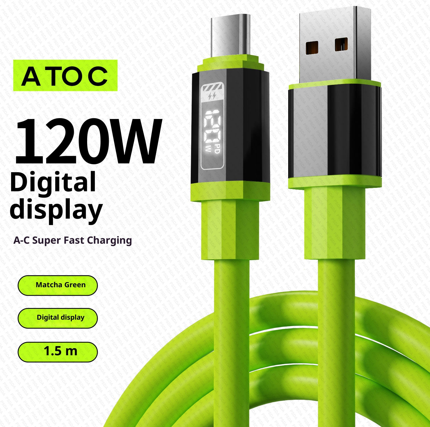 Câble USB-A vers Type-C intelligent numérique [vert] 120W, 1,5 mètre